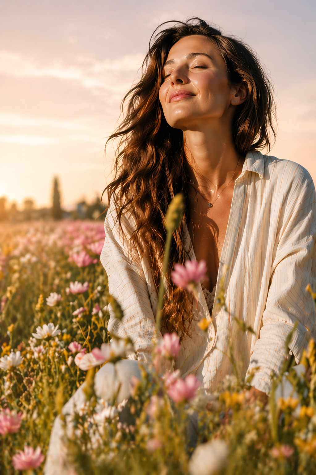 Frau im Sonnenuntergang in einer Blumenwiese – Sinnbild für hormonelle Balance